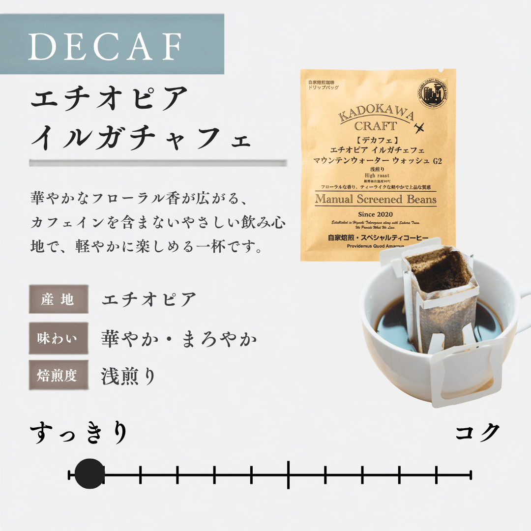 エチオピア イルガチェフェ マウンテンウォーター ウォッシュ G2 ドリップバッグ【デカフェ】【数量限定】